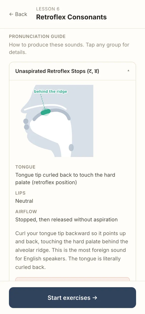 Eloqa lesson screen: a side view of the mouth with the tongue curled back behind the ridge, and notes on tongue, lips and airflow.
