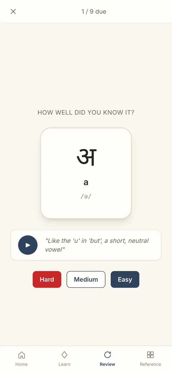 Eloqa review flashcard: the first letter of the alphabet revealed with its sound, and Hard, Medium and Easy buttons.